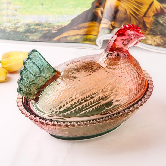 Szklana miseczka na cukierki w kształcie kurczaka z pokrywką, wzór zwierzęcy, naczynie na przekąski, desery, owoce, sałatki, dekoracja na stół do domu, kuchni