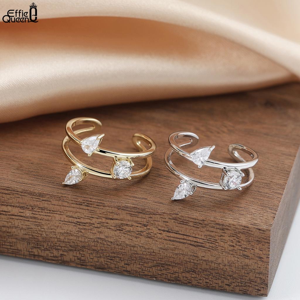 Effie Queen 925 Sterling Silber Offener Ring mit Wassertropfen & Ovalem Zirkonia Hohl Design Doppellagiger Stil Geschenk APR39