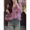 Women's Chiffon Ruffled Blouse Long Bell Sleeve V-neck Tie Front Elegant Sheer Casual Top