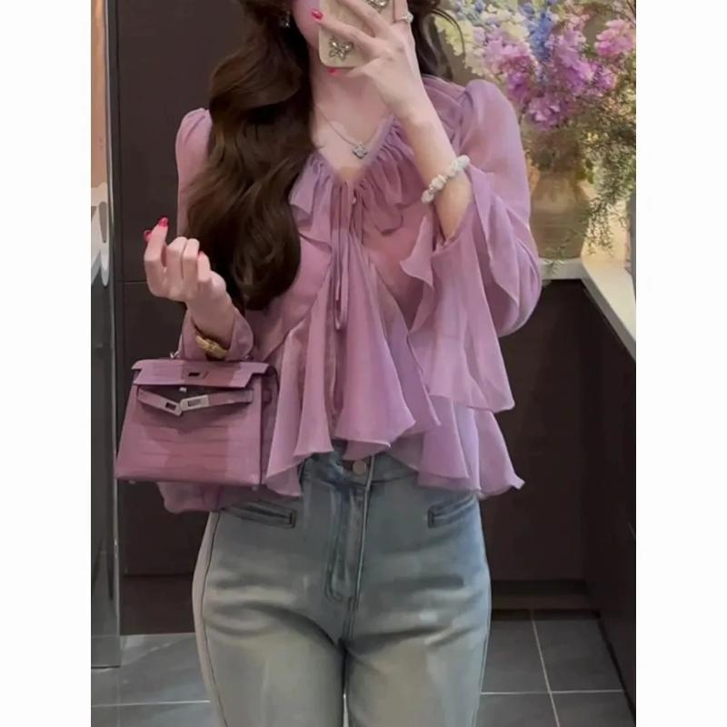 Women's Chiffon Ruffled Blouse Long Bell Sleeve V-neck Tie Front Elegant Sheer Casual Top