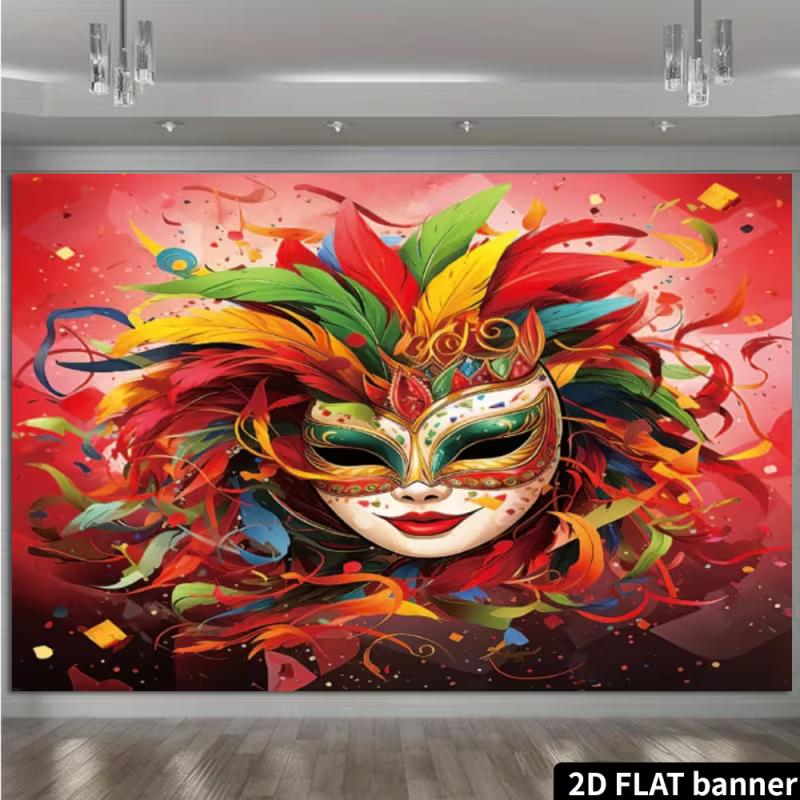 2D Carnival Mask Backdrop - Vibrant Feather Mask Banner for Mardi Gras & Costume Party Photoshoot