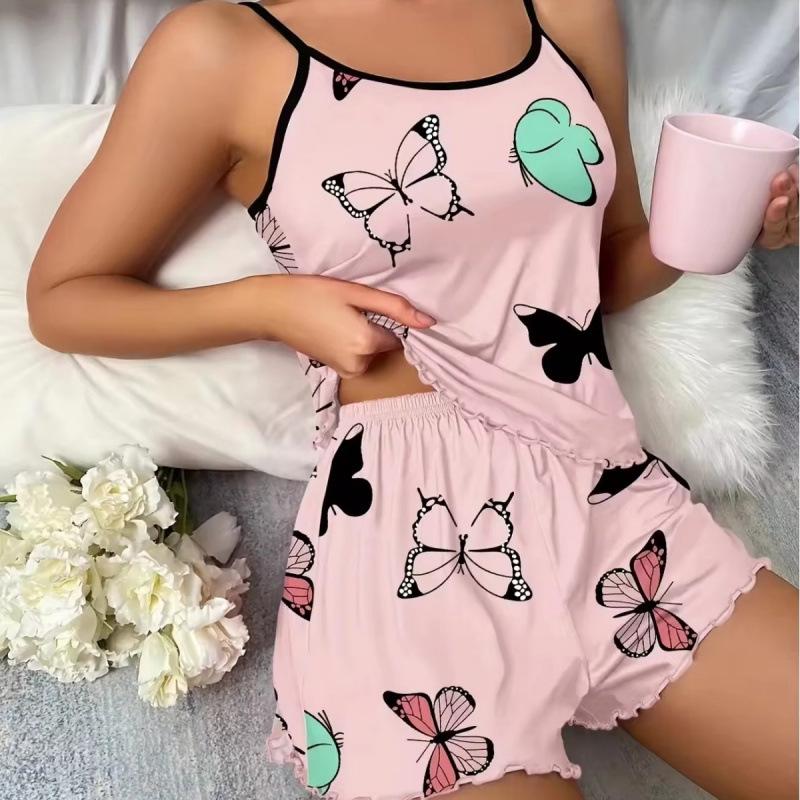 European Style Butterfly Print Pajama Set: Spaghetti Strap Tank, Bathrobe, and Shorts for Women’s Summer Loungewear.