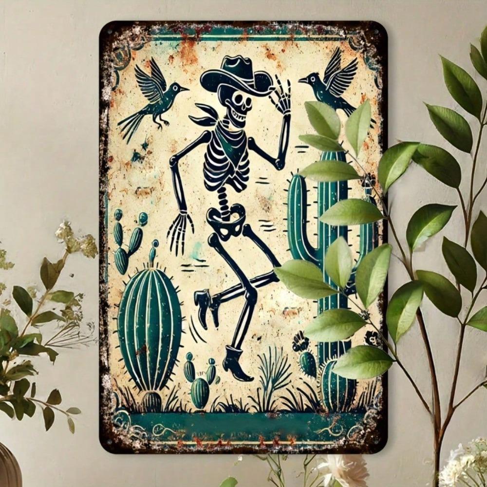 Vintage Western Cowboy Skeleton Parrot Tin Sign 8x12In Rustic Metal Wall Art Bar Cafe Decor