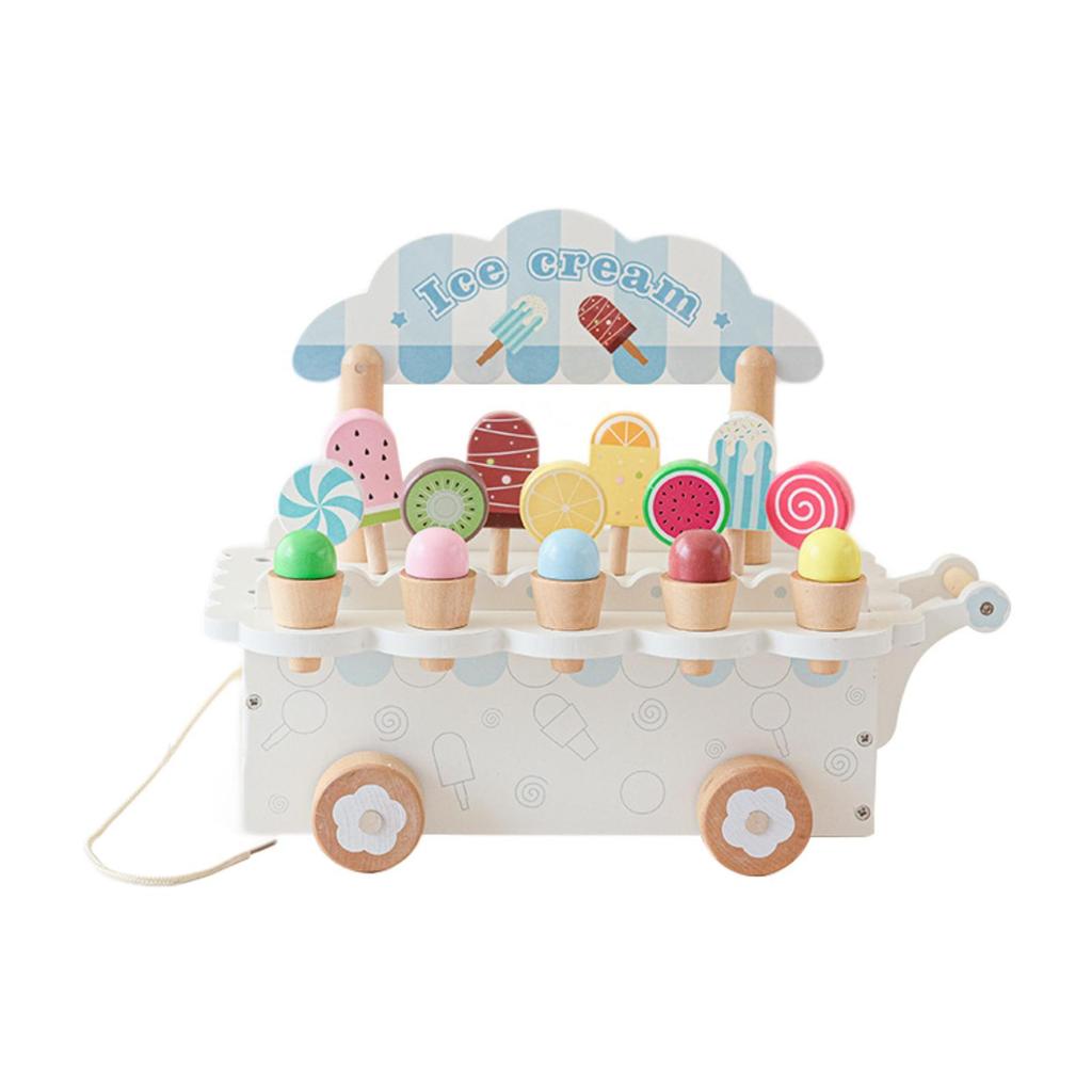 Wooden Ice Cream Cart Playset with Food Accessories for Kids Aged 3-8