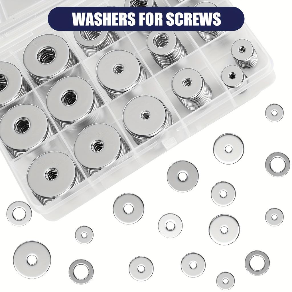 18-8(304) Stainless Steel Fender Washers, Flat Washers for Screws and Bolts, 100pcs Metal Washers Kit (12 Sizes M3-M12), Assorte