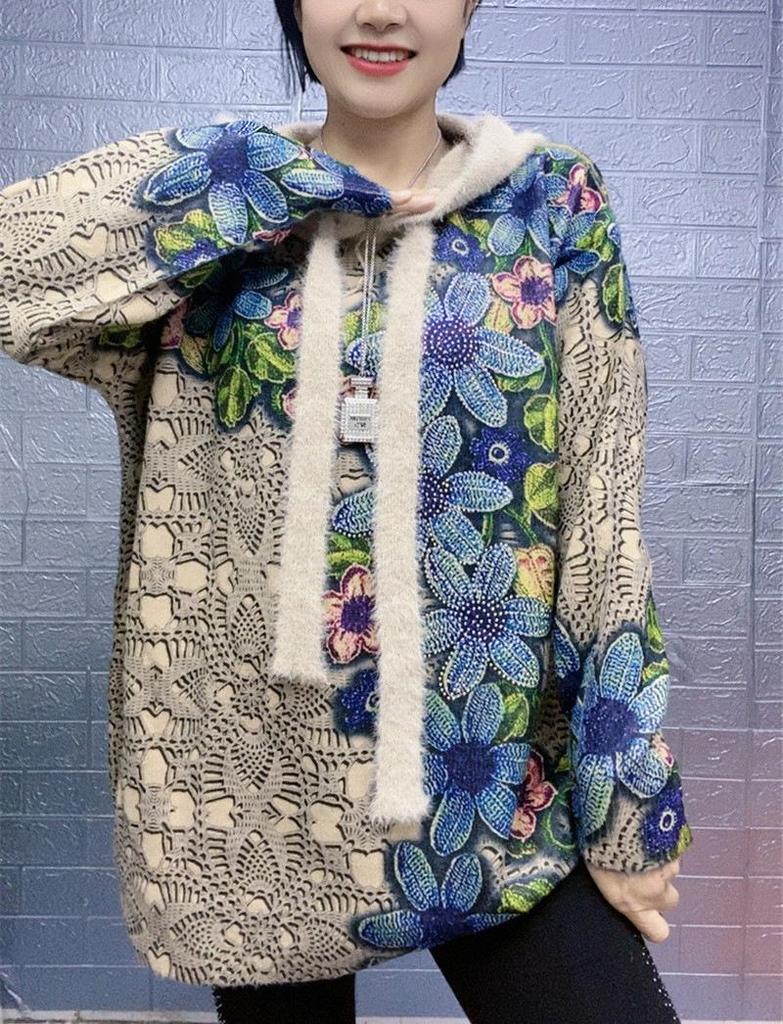 Blue Rhinestone Flower Stand Collar Sweater - Women's Plus Size, Long Sleeve, Thick Knit, 2024 Autumn/Winter Collection