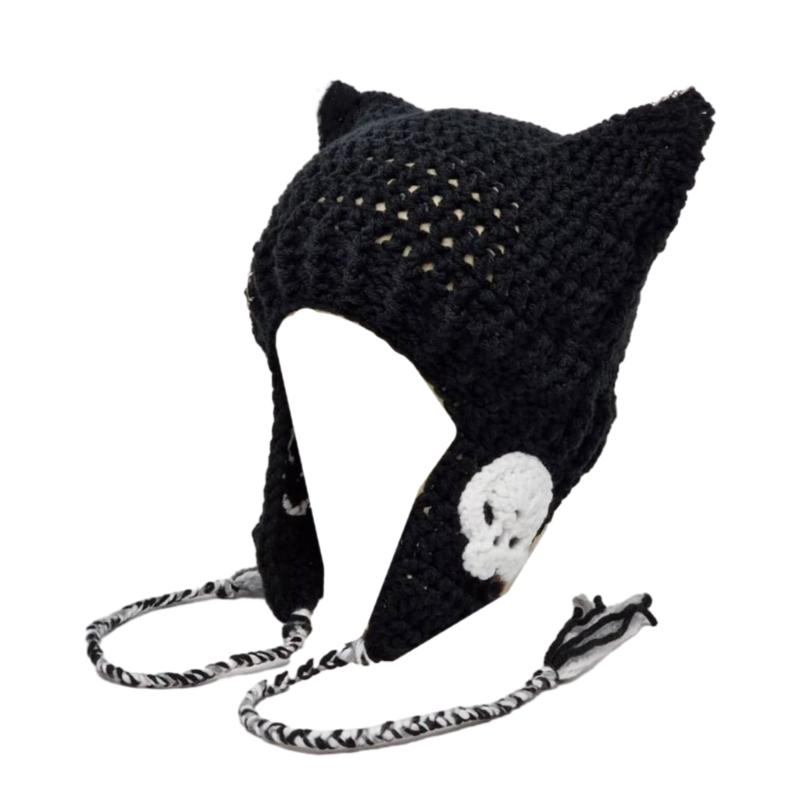 Y2K Anime Ear Cap Windproof Hat Female Beanie Headwear Handcrochet Pullover Hat