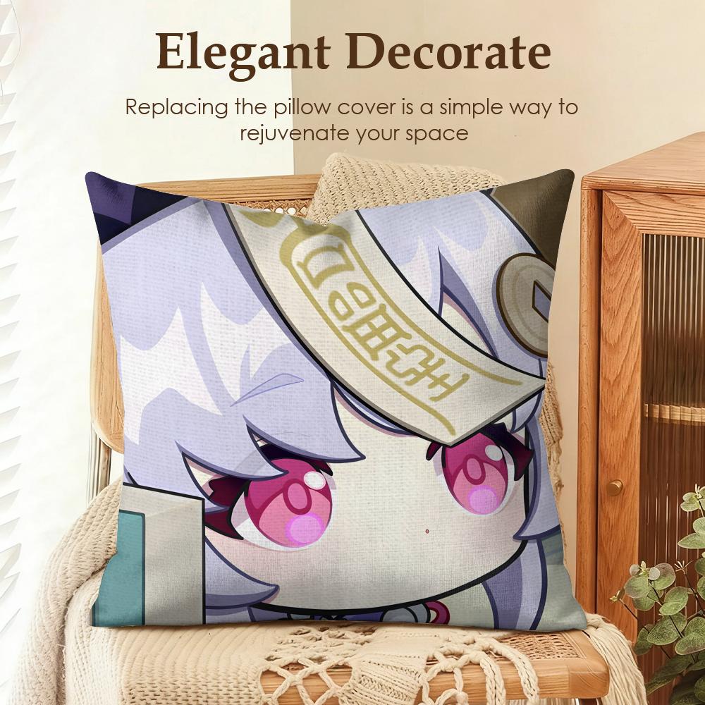 Qiqi Cute Genshin Impact Cushion Cover Natural Linen Organic Fabric DoubleSided Printing Sofa Home Decor Gift Pillow Case