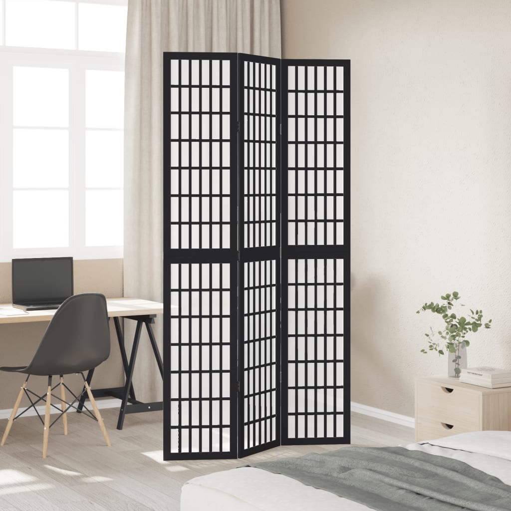 3 Piece Black Folding Screen Solid Paulownia Wood