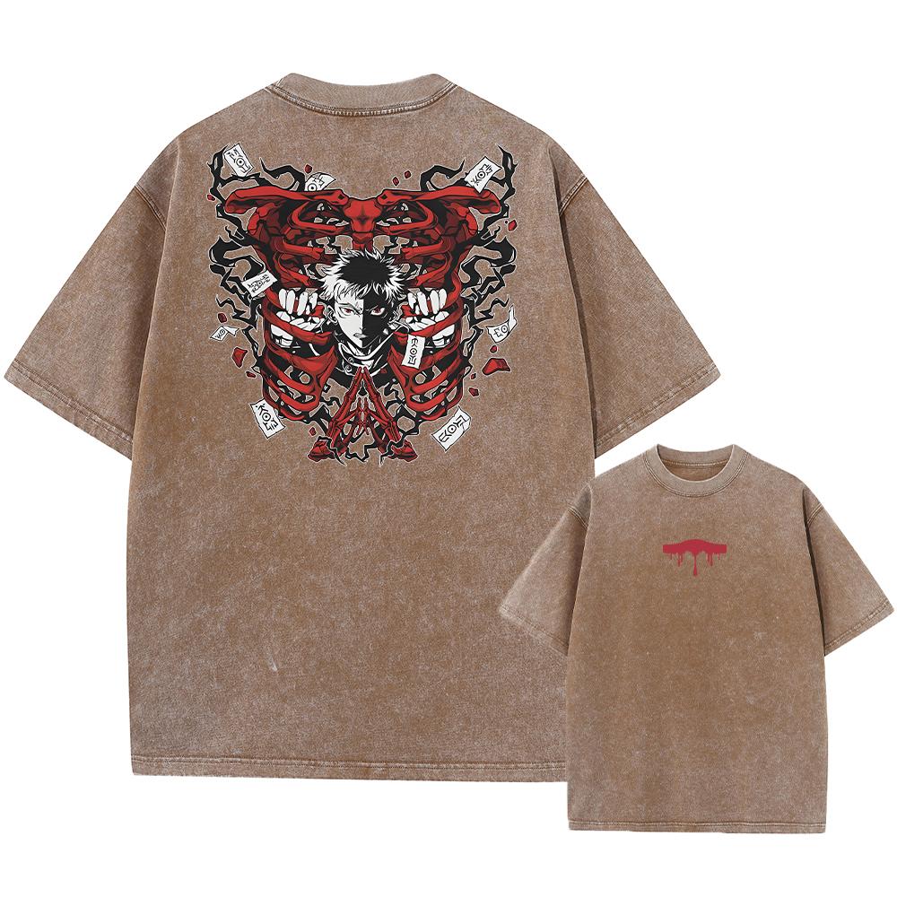 Men Streetwear Washed Acid Oversized T Shirt Japanese Anime Retro Worn Graphic Print T-Shirt Cotton Short Sleeve Tees