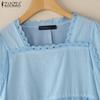 ZANZEA Women Square Collar Summer Hollow Embroidered Casual 3/4 Sleeve Blouse
