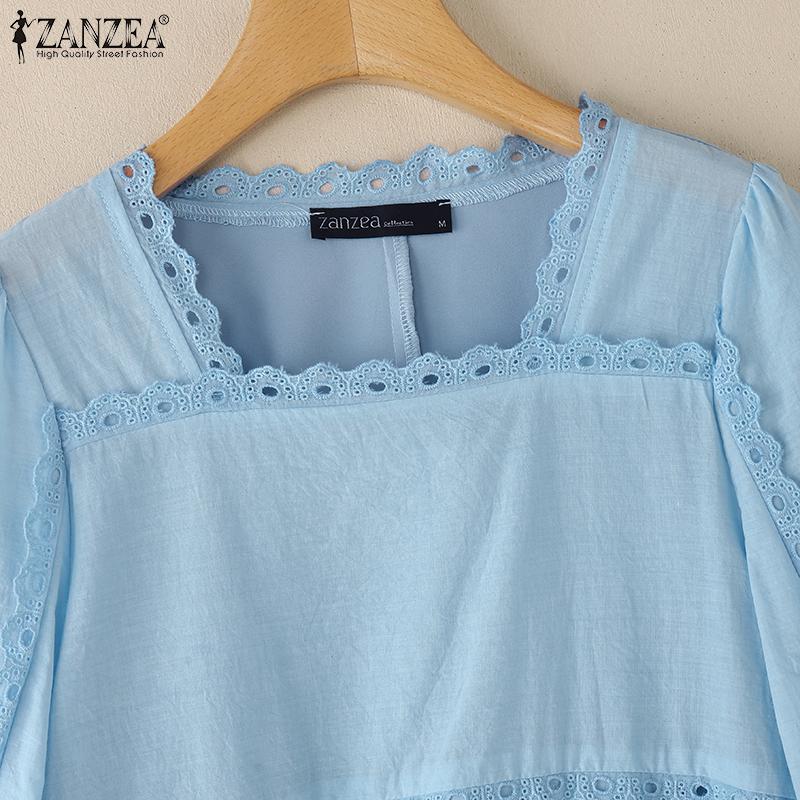 ZANZEA Women Square Collar Summer Hollow Embroidered Casual 3/4 Sleeve Blouse