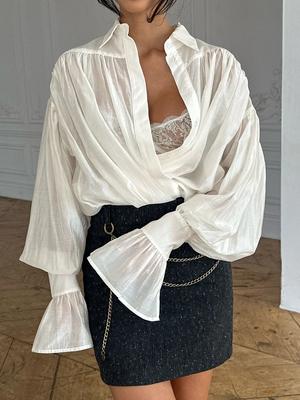 Tossy Ležérní Volné Průsvitné Košile Dámské Podzimní Klopa Dlouhý Rukáv Patchworková Halenka Top Streetwear Dámské Jednobarevné Košile Top