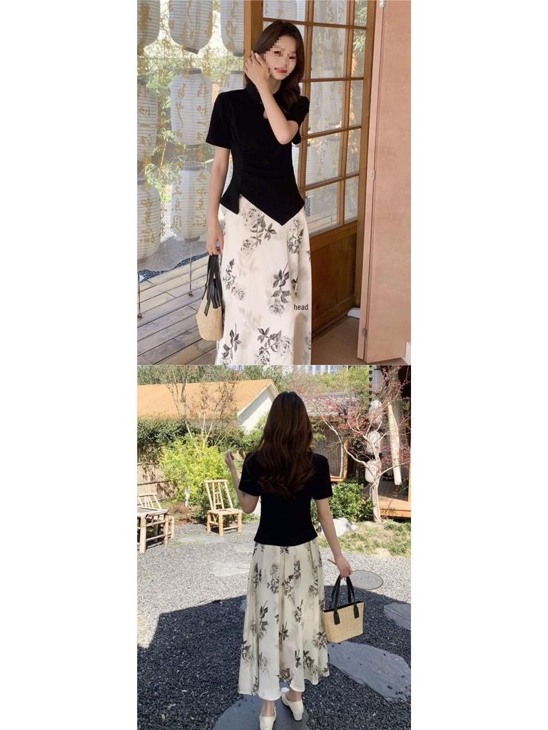 2026 Spring Chinese-Inspired Black Frog Button Top & Floral Silk Skirt Set for Women