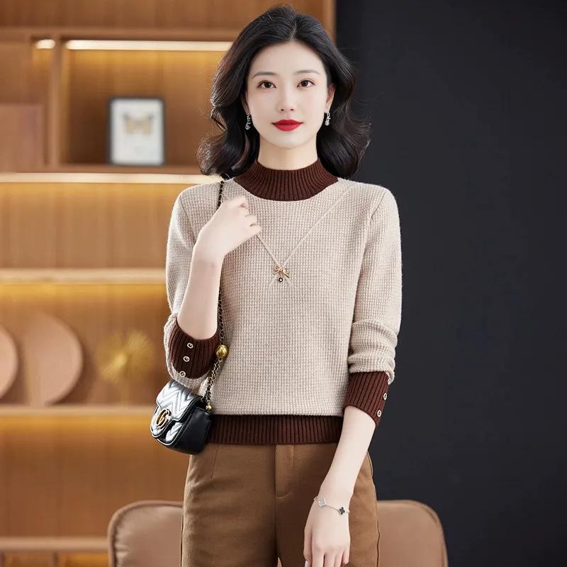 New semi-turtleneck winter women's red bottoming shirt fashion color matching loose knitted top autumn and winter sweater