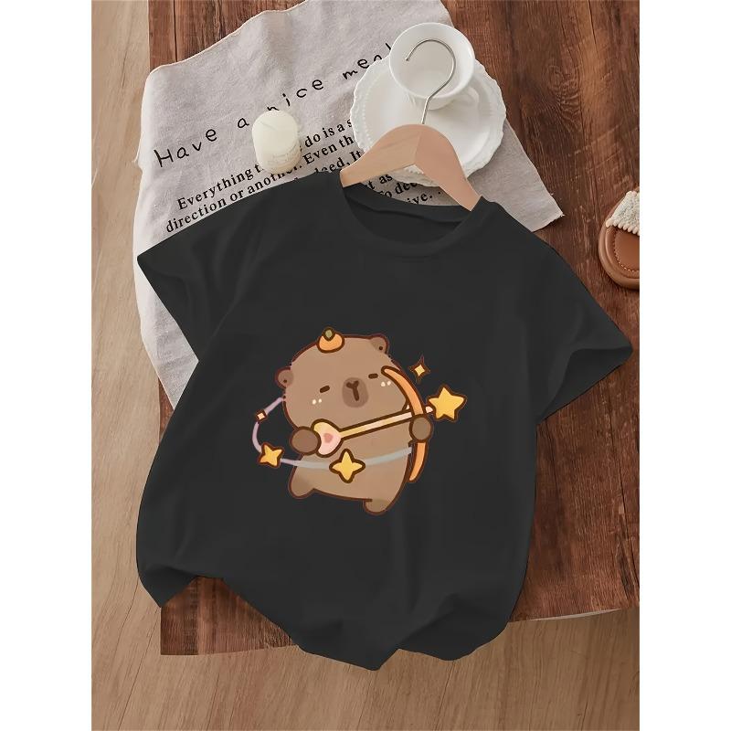 Kids Pufferfish & Star Print Crewneck Casual Short Sleeve Tee , Summer Gift