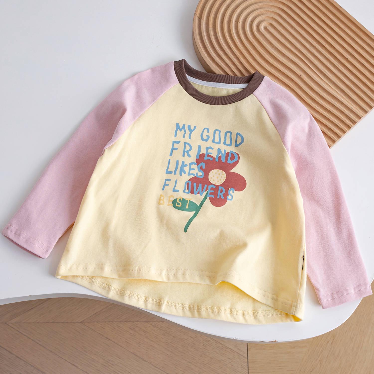 

Корейская детская футболка для девочки с рукавом реглан и длинным рукавом на весну: Новый модный топ с принтом 2025 Size 130 жёлтый