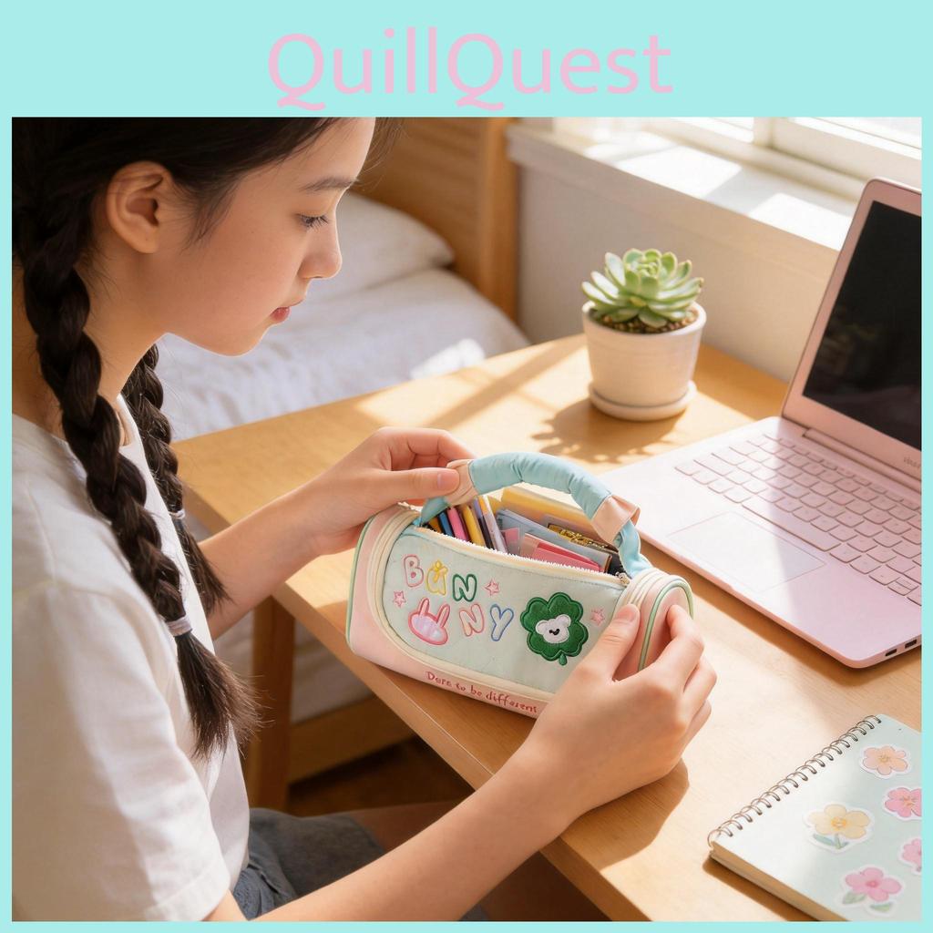 Oxford Cloth Cute Clover Pencil Case With Embroidery Large Capacity For Students And Office