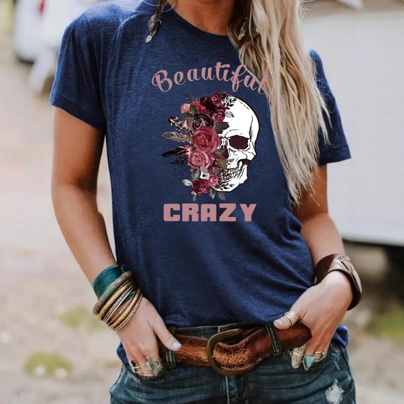 Round-neck Fashionable Skull Flower Print Top Women's T-shirt with Loose Short Sleeves