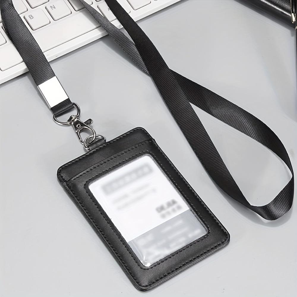 PU Leather ID Card Holder Work Badge Access Card Holder Employee Badge Meal Card Easy Pull Buckle Card Holder Lanyard