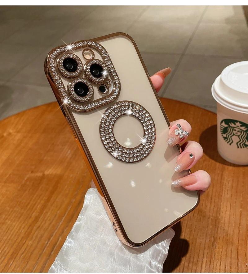 Luxury Electroplated Diamond Glitter Case For iPhone 11 12 13 14 15 16 Pro Max 14 Plus Transparent Hollow Out Bumper Soft Cover