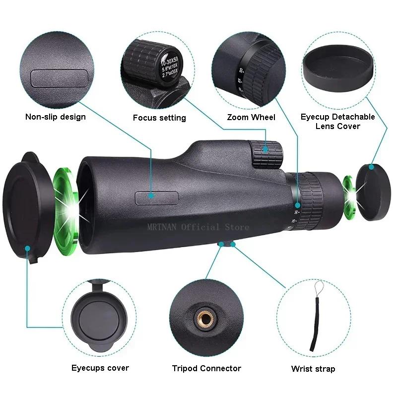 Professional Telescope Monocular 10-30x50 Camping HD With Tripod Phone Clip For Watching Bird Hunting Binoculars