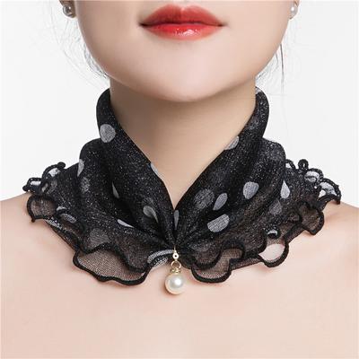 Fashion Printed Gauze Scarf Pearl Pendant Scarf Spring Lightweight Muffler Women Decorative Small Silk Scarf Headband