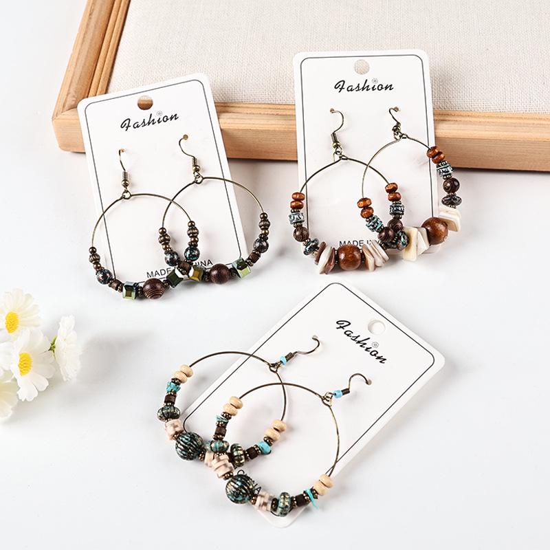 Retro Ethnic Bronze Hoop Earrings with Wood Beads and Tassels