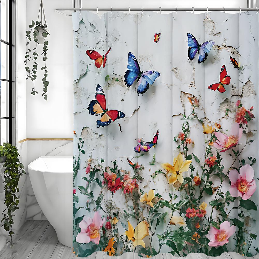 Butterfly Flower Botanical Shower Curtain, Bathroom Decorative Shower Curtain, Waterproof Shower Curtain with Hooks