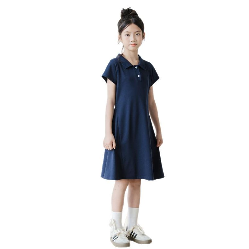 Girls Fashionable Pure Cotton Short-sleeved Dress for Summer, Simple Polo-style Children s Dress 120cm тёмно-синий