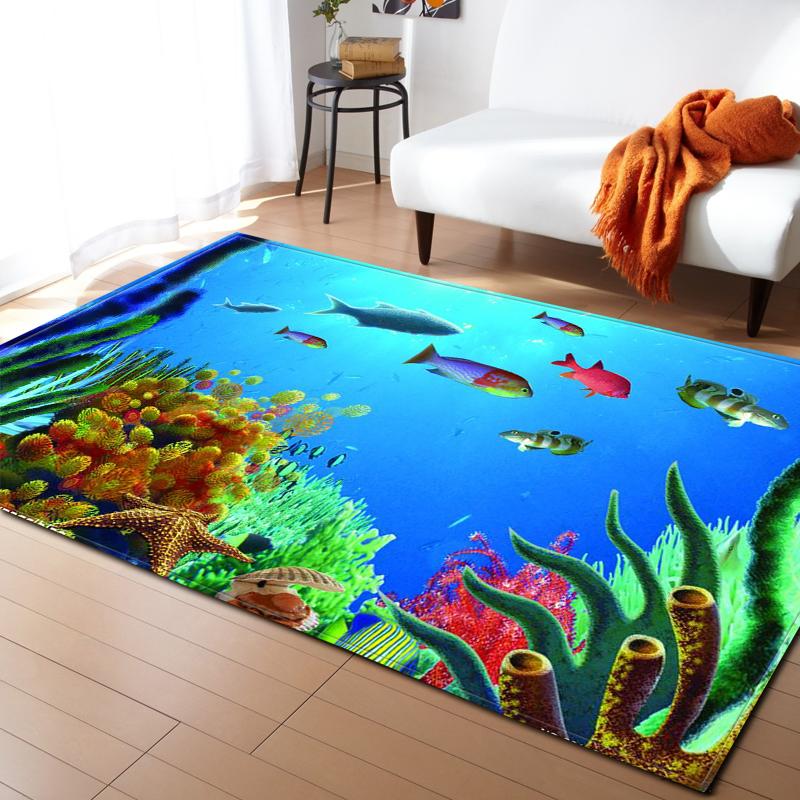Ocean Corals Living Room Area Rug Fish 3D Carpets Boys Bedroom Play Rugs for Children Room Flannel Kitchen Mat Doormat Entrance