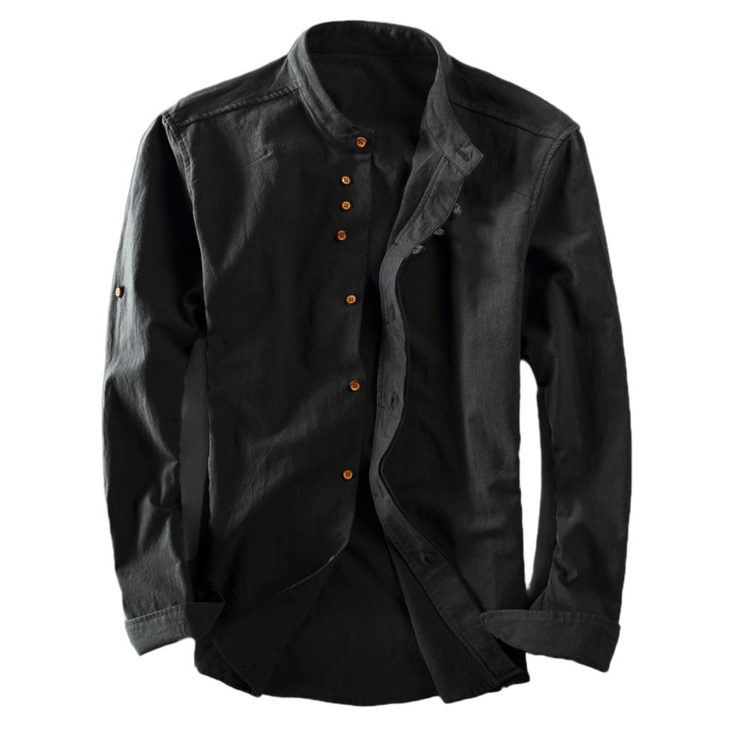 Men's Color Stand Collar Long Sleeve Casual Shirt Cotton Linen Loose Fit