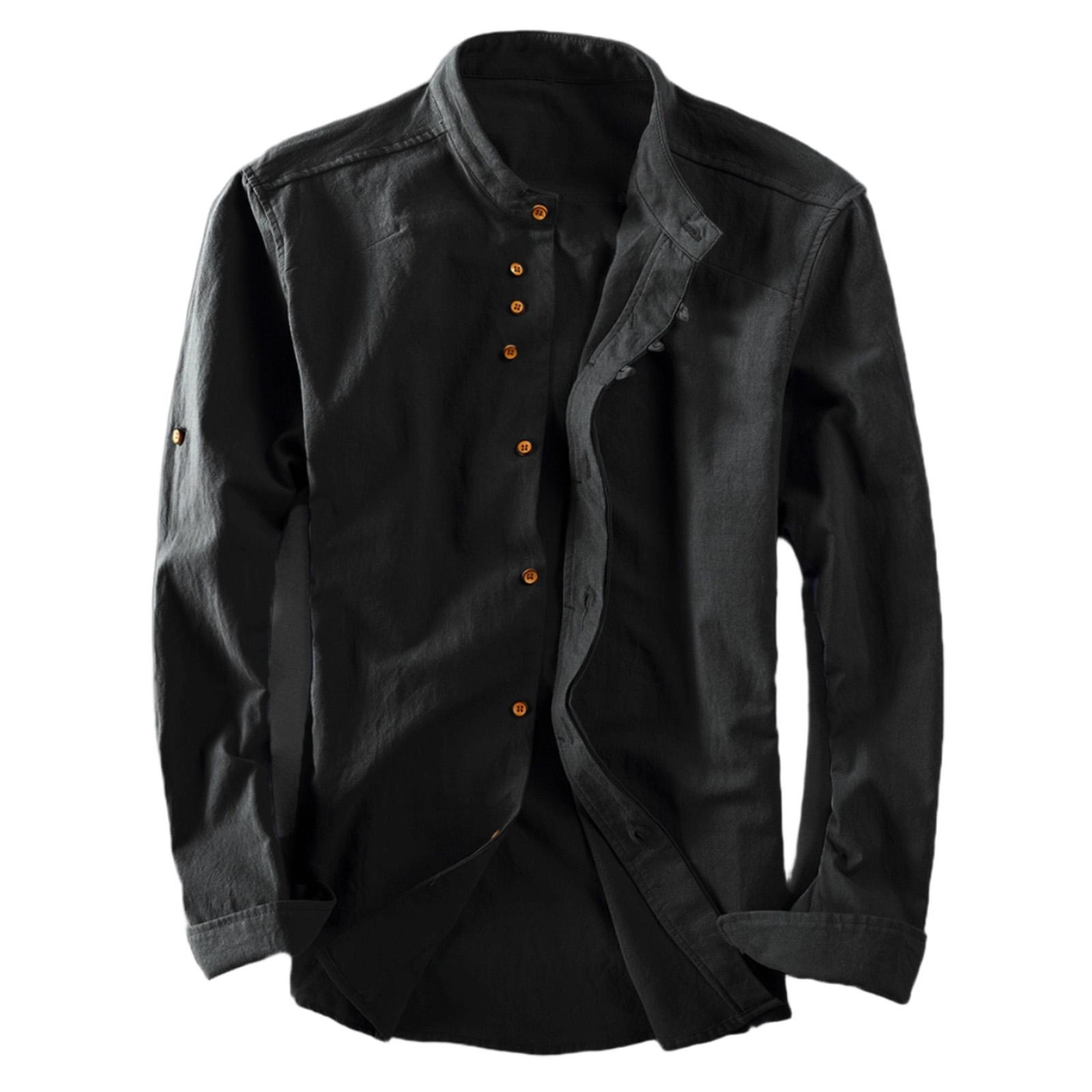 Men s Color Stand Collar Long Sleeve Casual Shirt Cotton Linen Loose Fit L чёрный