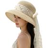 Pearl French Summer New Streamer Flat Top Sun Hat Sunscreen Straw Hat Breathable Bucket Hat Hepburn Hat Lace
