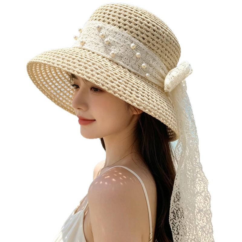 Pearl French Summer New Streamer Flat Top Sun Hat Sunscreen Straw Hat Breathable Bucket Hat Hepburn Hat Lace