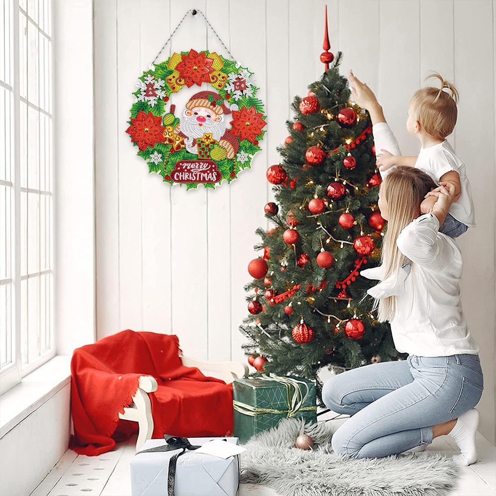 Weihnachtskranz-Set zum Aufhängen, 5D-Diamantmalerei zum Selbermachen, mit LED-Licht, Diamant-Malbild mit hängender Kette, dekoratives Licht