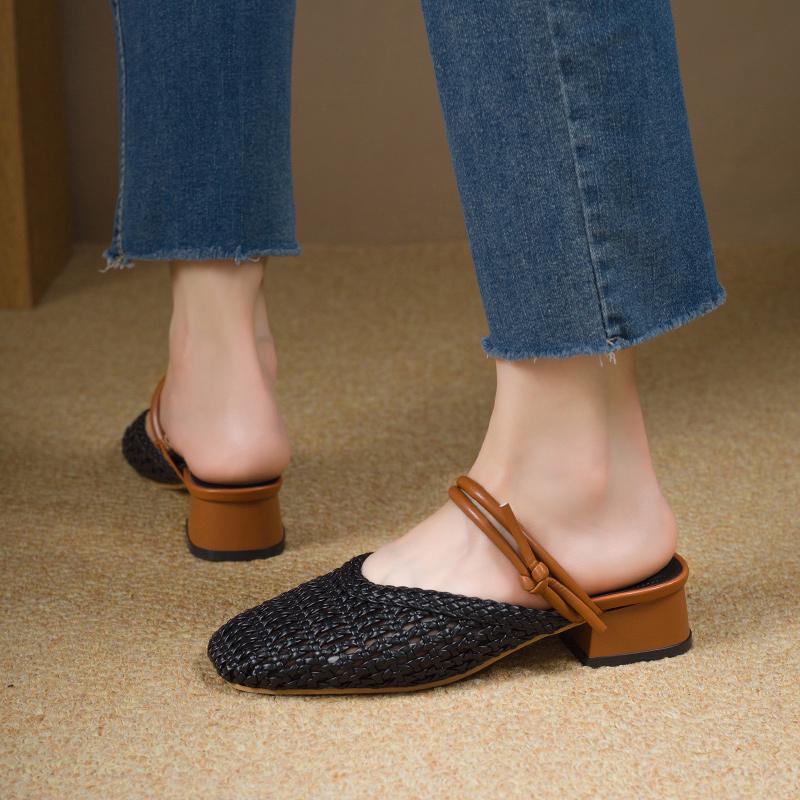 Fashion Soft Fur Woven Breathable Sandals New Square Toe Shallow Mouth Woven Baotou Half Slippers for Women's Summer Wear