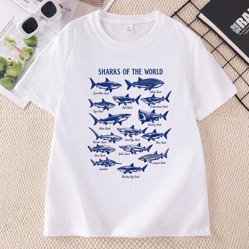 Vintage Sharks of The World T Shirt Ocean Nature Graphic Tee Cotton Short Sleeve Printed Tshirts Casual Unisex Clothes Tops