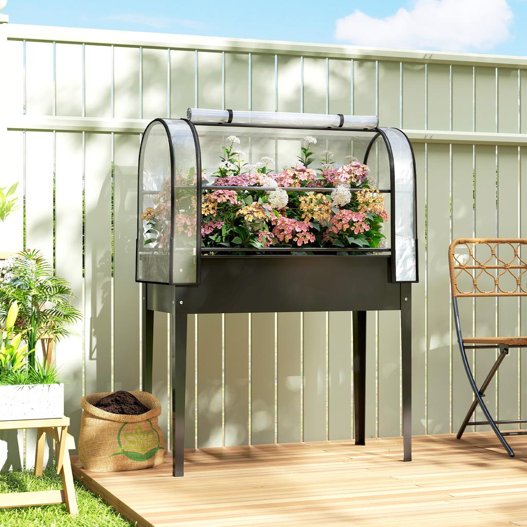 Raised Planter with Flip-Up Greenhouse Cover, Metal Raised Garden Bed On Legs with Drainage Hole, Black