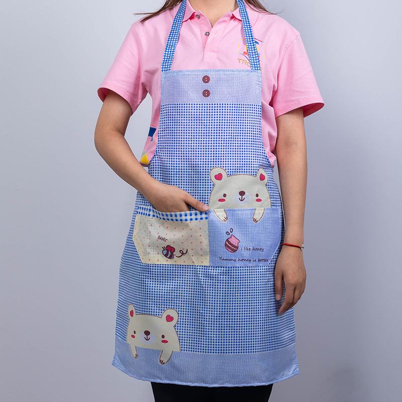 Peach skin velvet anti-fouling sleeveless neck plaid apron, simple bear plaid small fresh apron синий