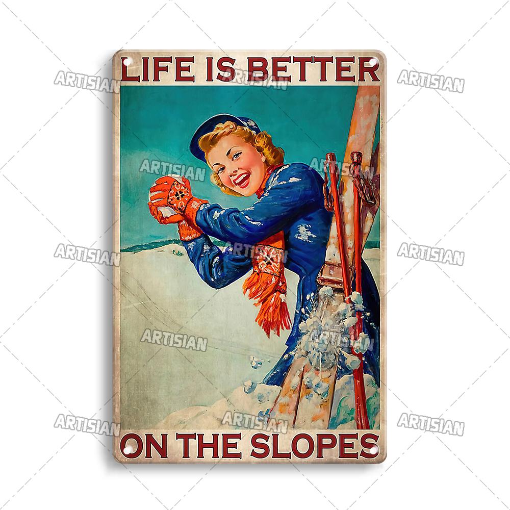 Artisian Skiing Snowboarding Metal Poster Sledding Tin Plaque Sport Decorative Plate Wall Decor Garage Bar Pub Club Hotel Cafe