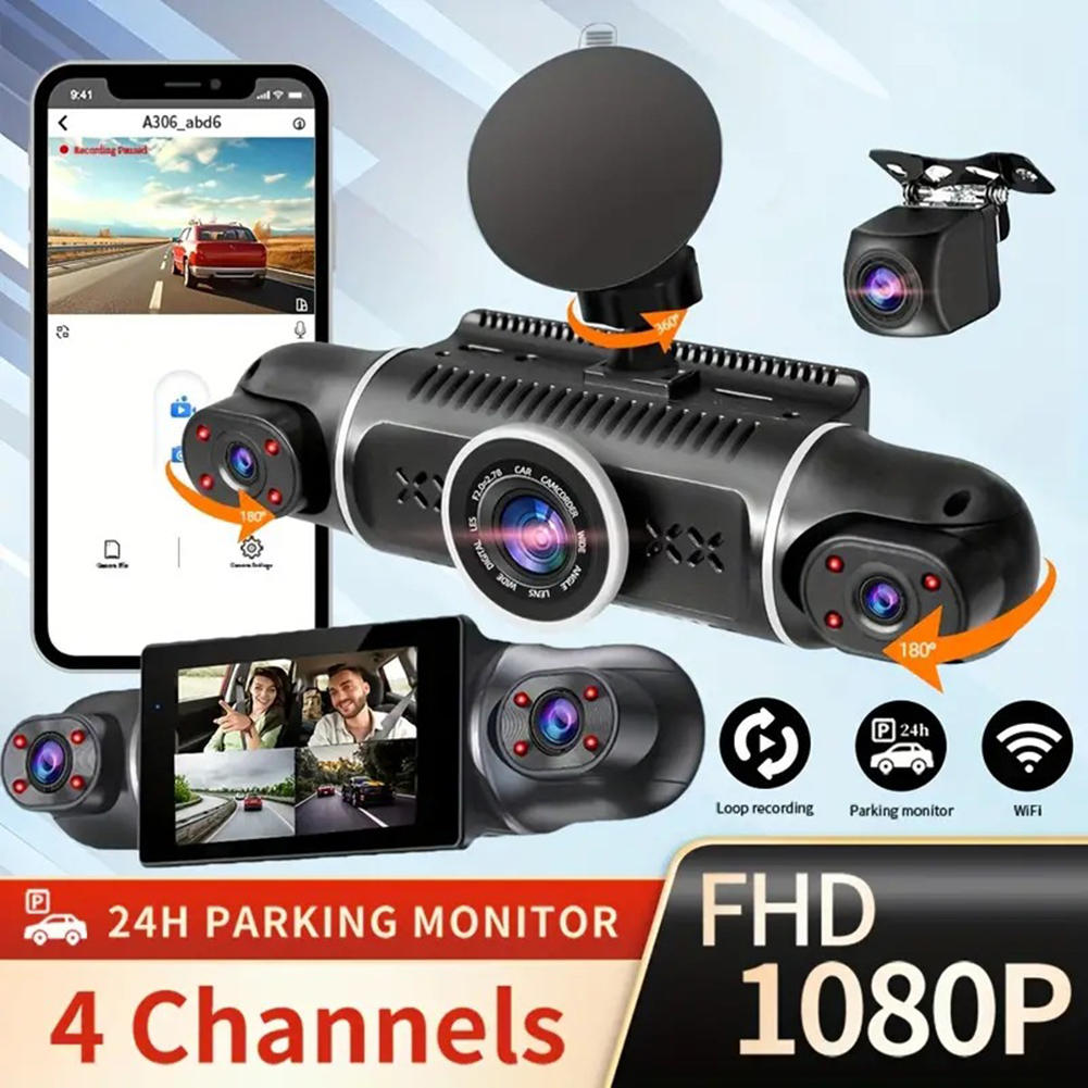 4 kanaler Dash Cam for biler WIFI APP Videoopptaker 1080P Bil DVR Ryggekamera Parkeringsmonitor DashCam Biltilbehør