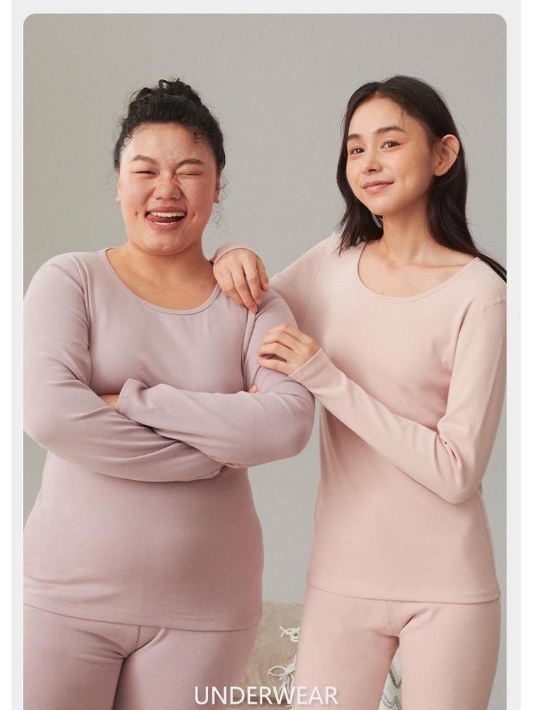 Women's Plus Size Double-Sided Flannel Underwear Set - Pure Cotton, Thick Round Neck Base Layer for Autumn and Winter