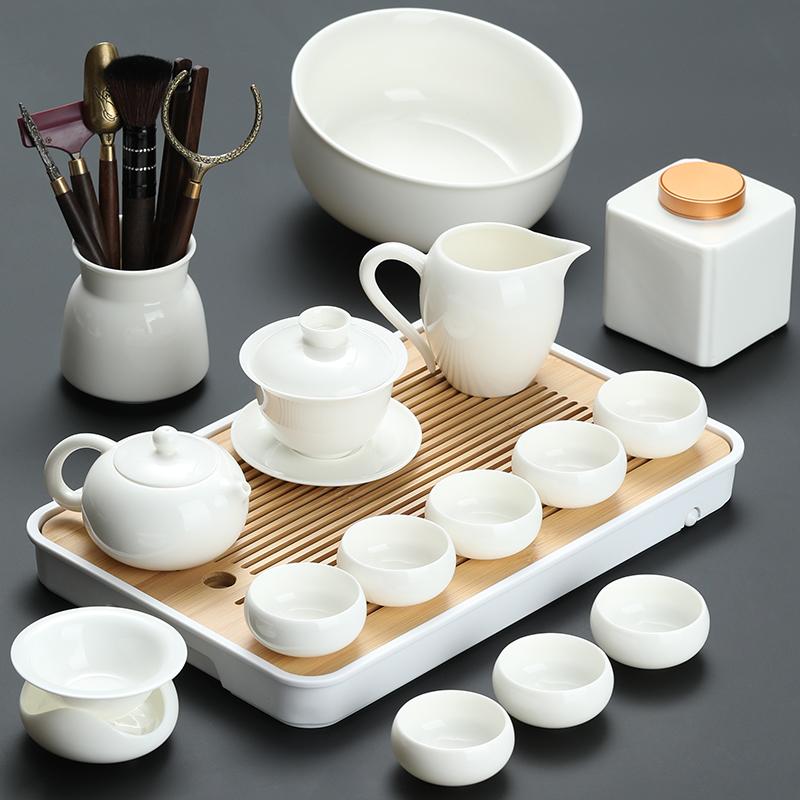 Goat Jade White Porcelain Kung Fu Tea Set Home Brewing Teapot Covered Bowl Chinese Light Luxury Brewing Tea Cup Office Guests