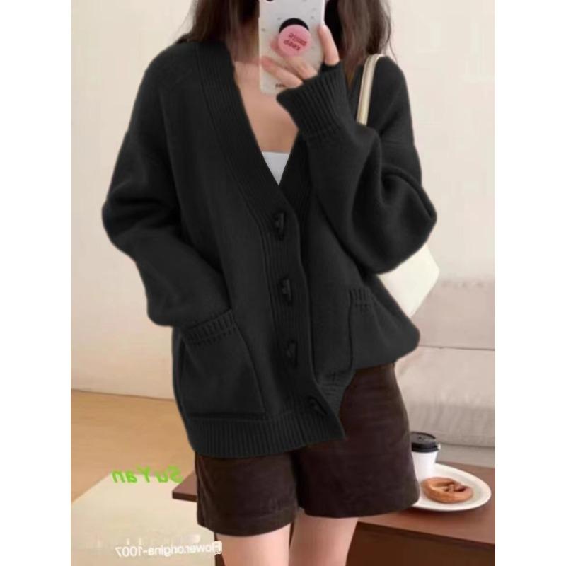 Cow Horn Button Top Women's Knitwear Autumn and Winter Soft Loose V-neck Sweater Knitted Cardigan Jacket