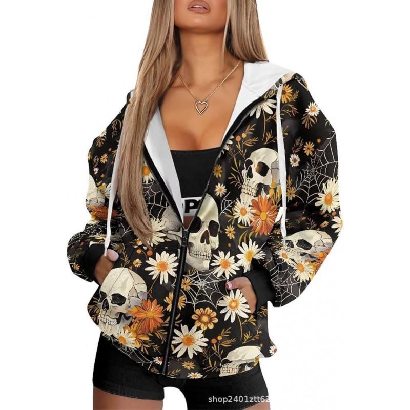 Vintage Ethnic 3D Printed Zip Up Hoodie Loose Fit Horse Geometric Graphic Sweatshirt Women