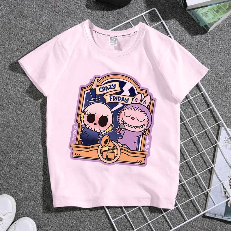 

Anime LABUBU Cartoon Pink Children s T-shirt Summer Cute Printed Girl Round Neck Short Sleeve 110