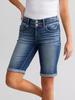 Women's Mid-Length Elastic Denim Shorts - Double-Button Washed Jeans, European & American Style Fashion.