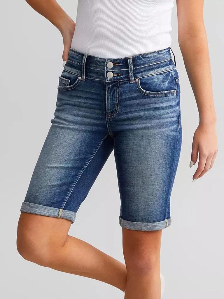 Women's Mid-Length Elastic Denim Shorts - Double-Button Washed Jeans, European & American Style Fashion.
