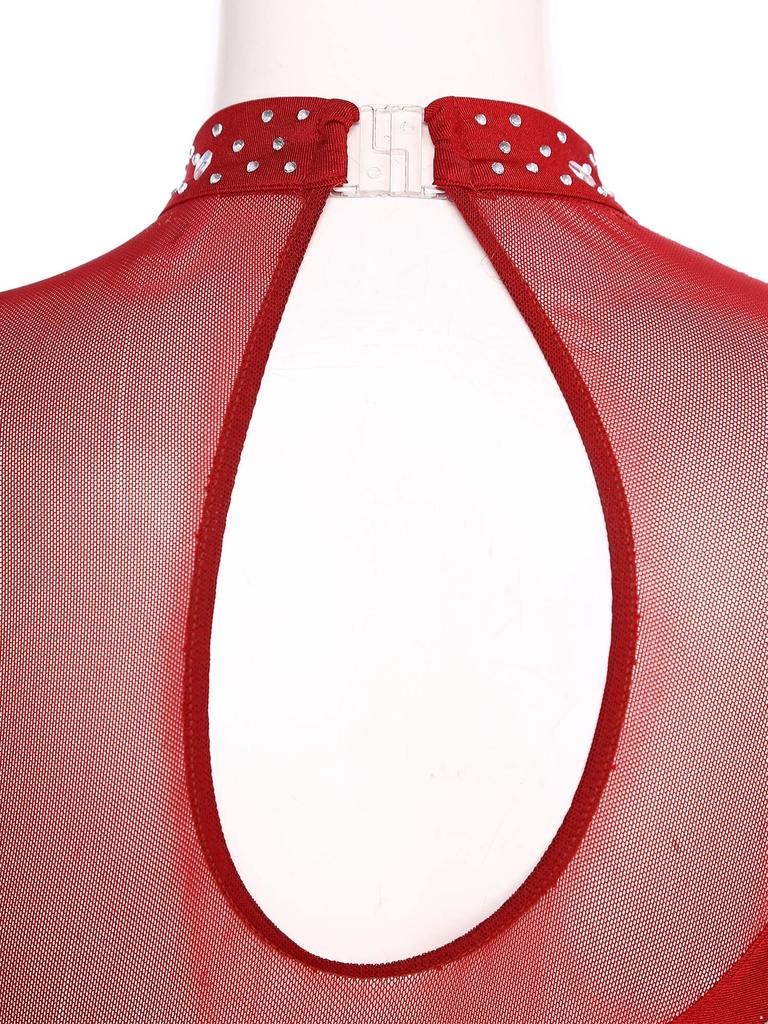S-XXL Women Lyrical Dancewear: Asymmetrical Side Split Dress with Mock Neck, Cutout, Sheer Mesh, Patchwork & Shiny Rhinestones